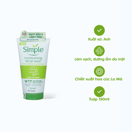 Sữa rửa mặt Simple Moisturising Facial Wash 100% Soap Free (Tuýp 150ml)