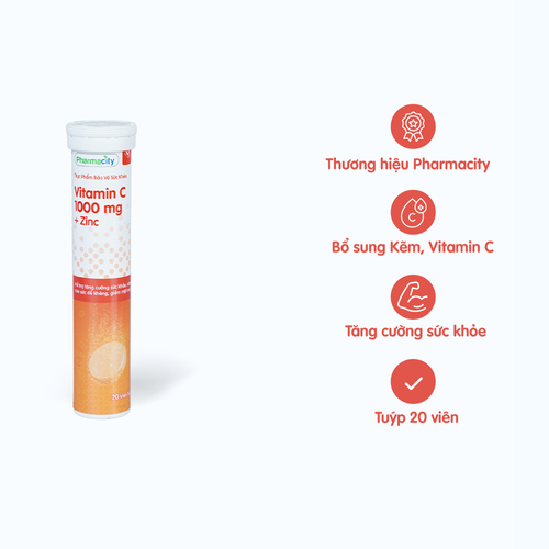 Viên sủi Pharmacity Vitamin C 1000mg + Zinc hỗ trợ tăng cường sức khỏe, nâng cao sức đề kháng (Tuýp 20 viên)