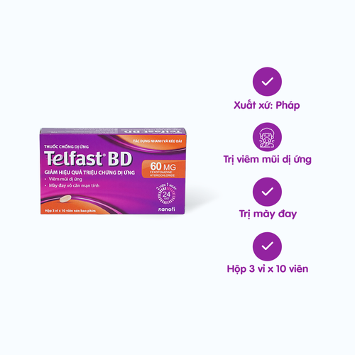 Viên nén Telfast BD 60mg trị viêm mũi dị ứng, mày đay (3 vỉ x 10 viên)