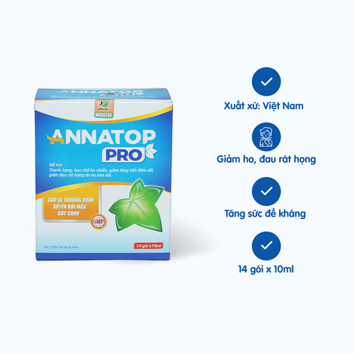 Siro ho Dược Nam Annatop Pro hỗ trợ thanh họng, hỗ trợ giảm đau rát do ho kéo dài (Hộp 14 gói x 10ml)