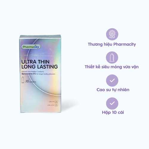 Bao cao su siêu mỏng kéo dài thời gian yêu Pharmacity Ultra thin Long Lasting N (Hộp/10 cái)