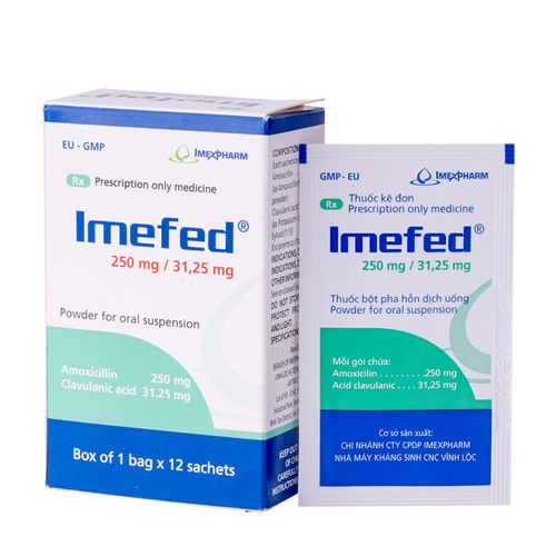 Bột pha uống Imefed 250mg/31,25mg điều trị nhiễm khuẩn (hộp 12 gói)