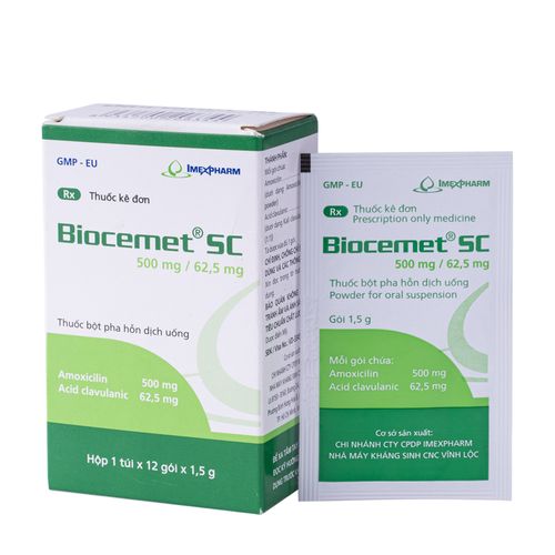 Bột pha uống Biocemet SC 500mg/62.5mg điều trị nhiễm khuẩn (hộp 12 gói)