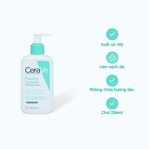 Sữa rửa mặt CERAVE Foaming Cleanser giúp làm sạch da, dành cho da dầu (Chai 236ml)
