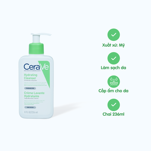 Sữa rửa mặt CERAVE Hydrating Cleanser giúp làm sạch da, dành cho da thường và da khô  (Chai 236ml)