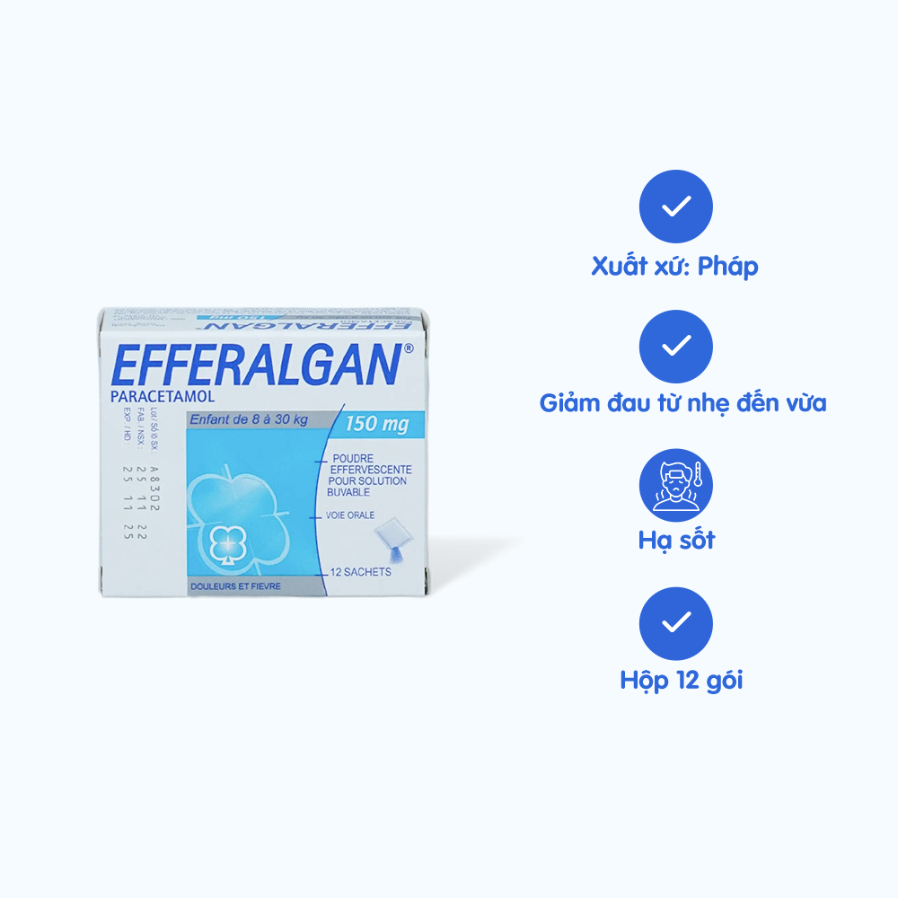 Bột sủi bọt Efferalgan 150mg điều trị triệu chứng đau từ nhẹ đến vừa và/hoặc sốt (hộp 12 gói)