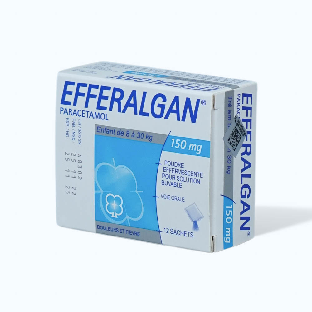 Bột sủi bọt Efferalgan 150mg điều trị triệu chứng đau từ nhẹ đến vừa và/hoặc sốt (hộp 12 gói)