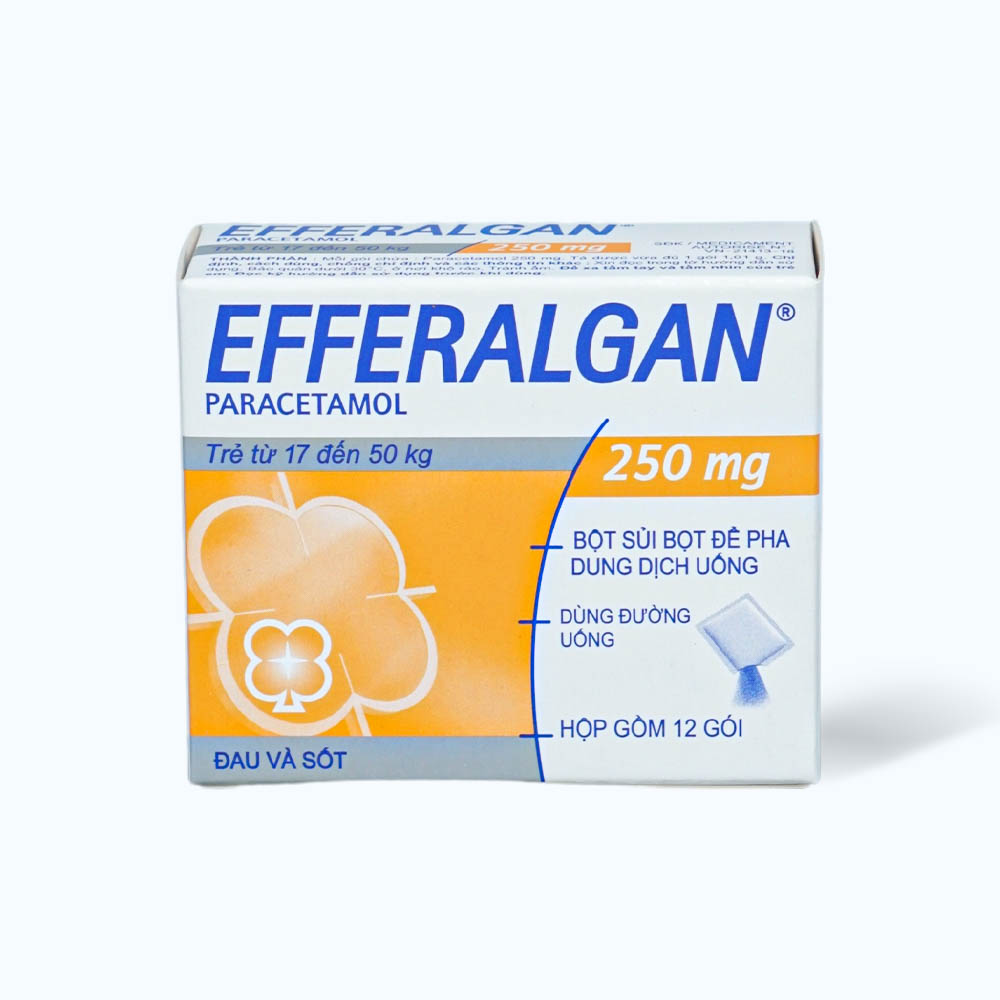 Bột sủi bọt Efferalgan 250mg trị đau đầu, đau răng, sốt, nhức mỏi cơ, đau bụng kinh (hộp 12 gói)