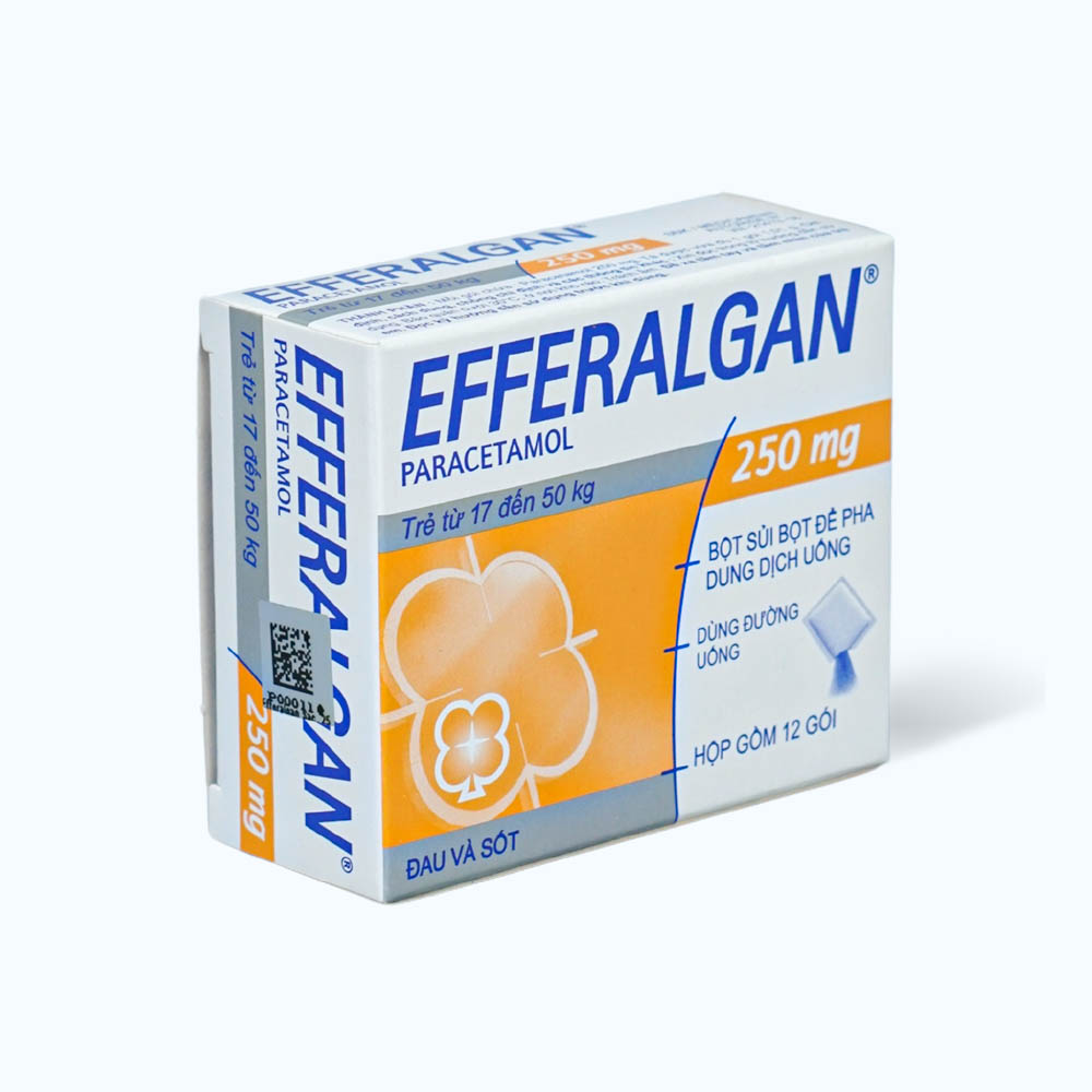 Bột sủi bọt Efferalgan 250mg trị đau đầu, đau răng, sốt, nhức mỏi cơ, đau bụng kinh (hộp 12 gói)