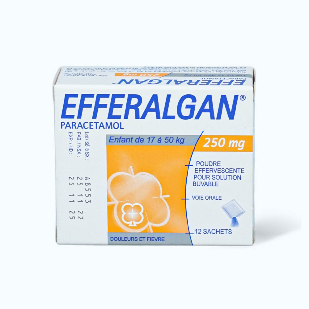 Bột sủi bọt Efferalgan 250mg trị đau đầu, đau răng, sốt, nhức mỏi cơ, đau bụng kinh (hộp 12 gói)