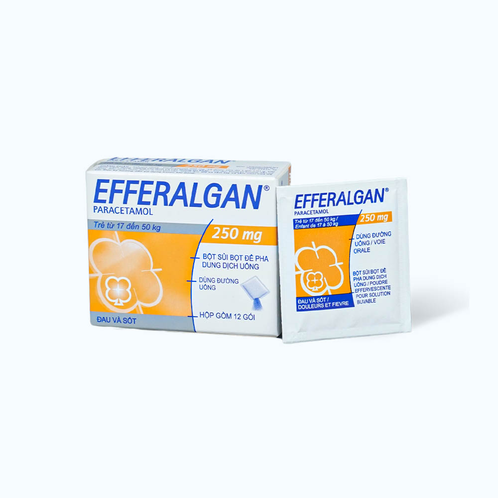 Bột sủi bọt Efferalgan 250mg trị đau đầu, đau răng, sốt, nhức mỏi cơ, đau bụng kinh (hộp 12 gói)