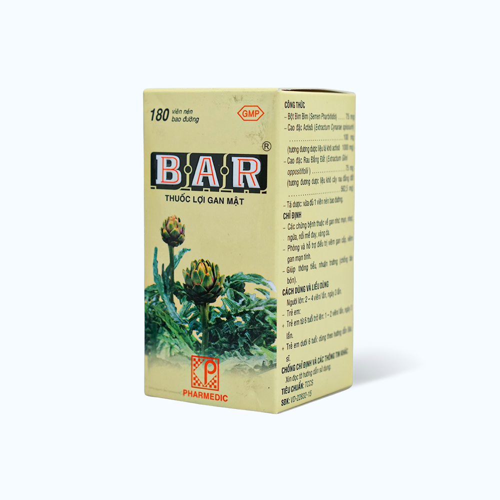 Viên nén bao đường BAR hỗ trợ các bệnh lý về gan, chống táo bón (chai 180 viên)