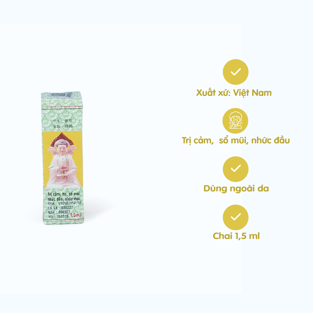 Dầu phật Linh trị cảm cúm, sổ mũi, nghẹt mũi, chóng mặt, say tàu xe (chai 1.5ml)