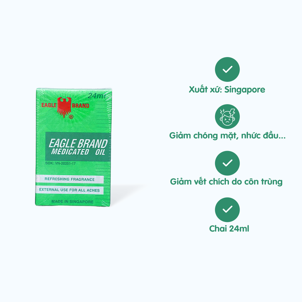 Dầu gió xanh Eagle Brand trị cảm cúm, sổ mũi, nghẹt mũi, chóng mặt, say tàu xe (chai 24ml)