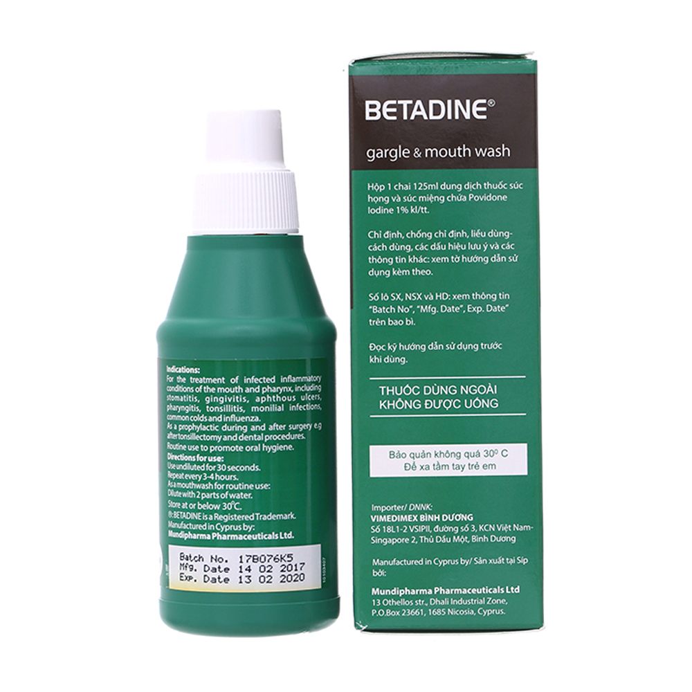 Dung dịch Betadine Gargle Sol 1% trị nhiễm khuẩn răng miệng (chai 125ml)