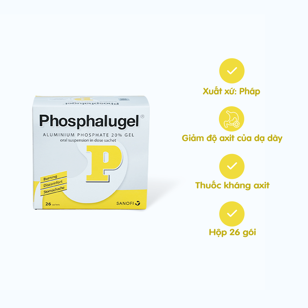 Hỗn dịch uống Phosphalugel 20% điều trị viêm loét dạ dày tá tràng, viêm thực quản (hộp 26 gói)