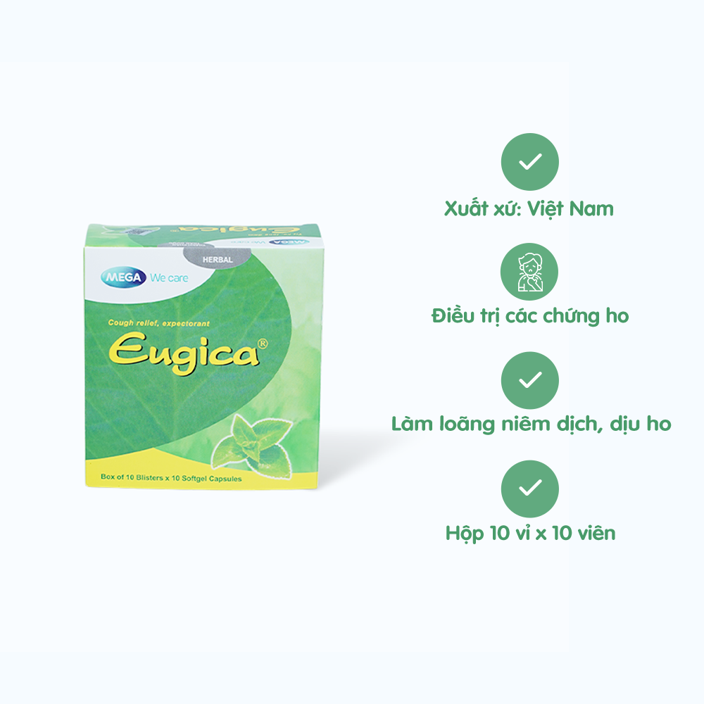 Viên nang Eugica xanh điều trị các chứng ho, đau họng, sổ mũi, cảm cúm (10 vỉ x 10 viên)