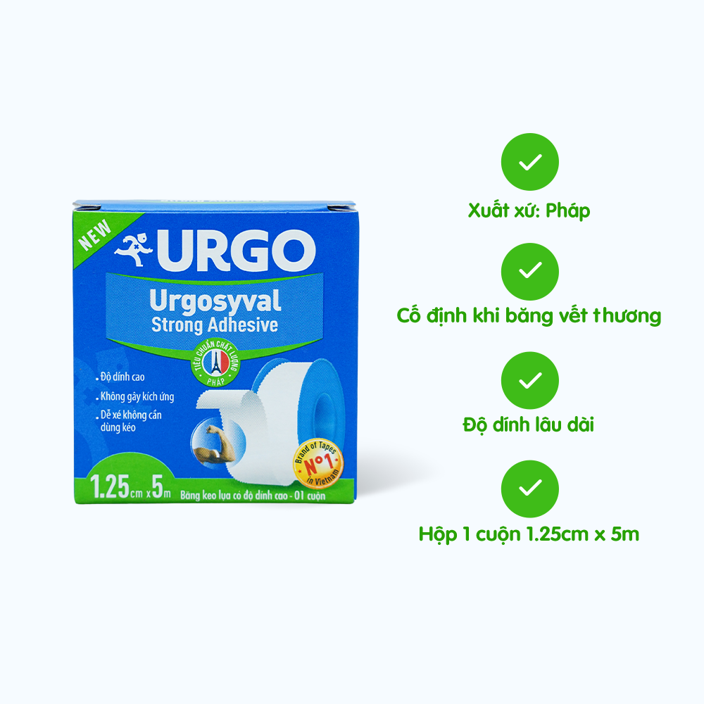 Băng keo y tế lụa có độ dính cao URGO Syval Strong Adhesive dùng cố định băng gạc và các thiết bị y tế 1.25cm x 5m (Hộp 1 Cuộn)