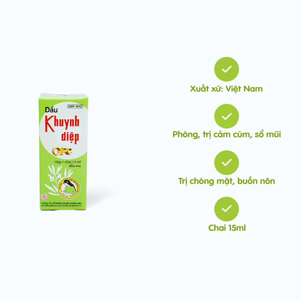 Dầu Khuynh Diệp OPC trị cảm cúm, sổ mũi, nghẹt mũi, chóng mặt, say tàu xe (chai 15ml)