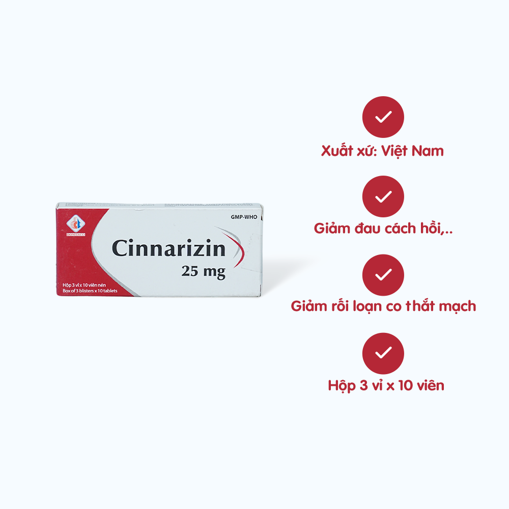 Viên nén Cinnarizin 25mg điều trị triệu chứng đau cách hồi, lạnh đầu chi (3 vỉ x 10 viên)