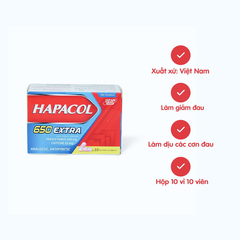 Viên nén Hapacol 650mg extra làm giảm đau các cơn đau, hạ sốt (10 vỉ x 10 viên)