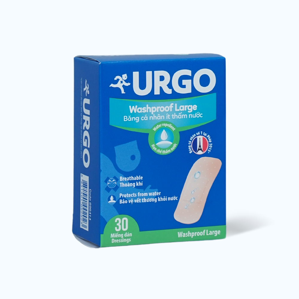 Băng cá nhân ít thấm nước URGO Washproof Large bảo vệ vết thương khỏi nước 3.8cm x 7.2cm (Hộp 30 miếng)