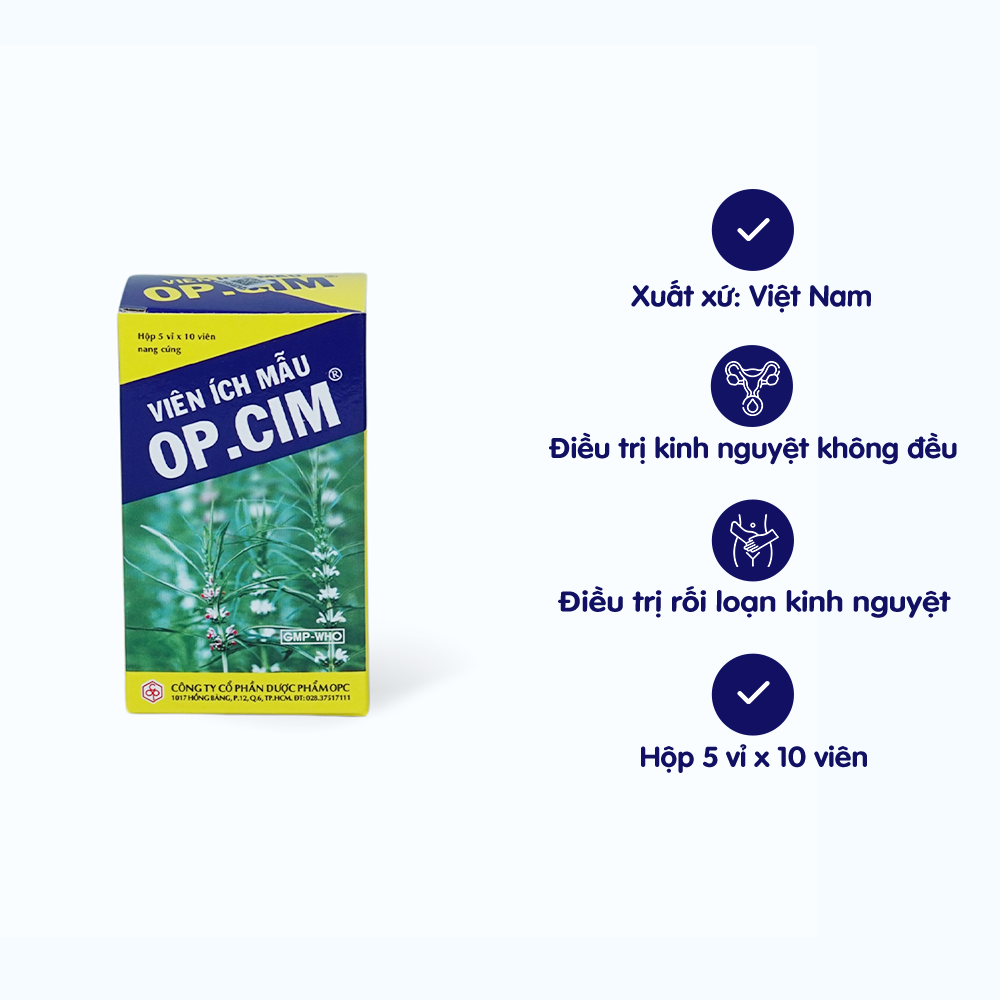 Viên nang OP.CIM Viên Ích Mẫu điều trị kinh nguyệt không đều, đau bụng kinh (5 vỉ x 10 viên)