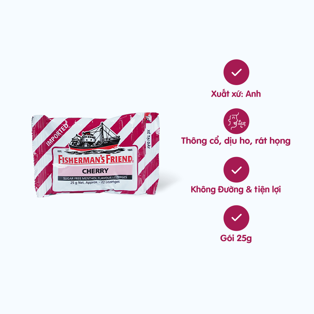 Kẹo cay con tàu FISHERMAN'S FRIEND không đường hỗ trợ thông cổ mát họng vị cherry (25g)