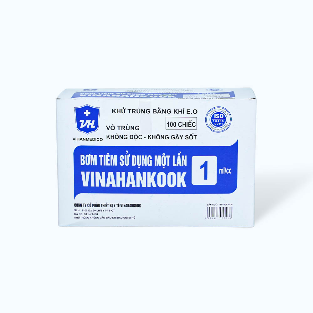 Bơm tiêm sử dụng một lần VINAHANKOOK 1ml/cc được khử trùng bằng khí E.O (hộp 100 cái)