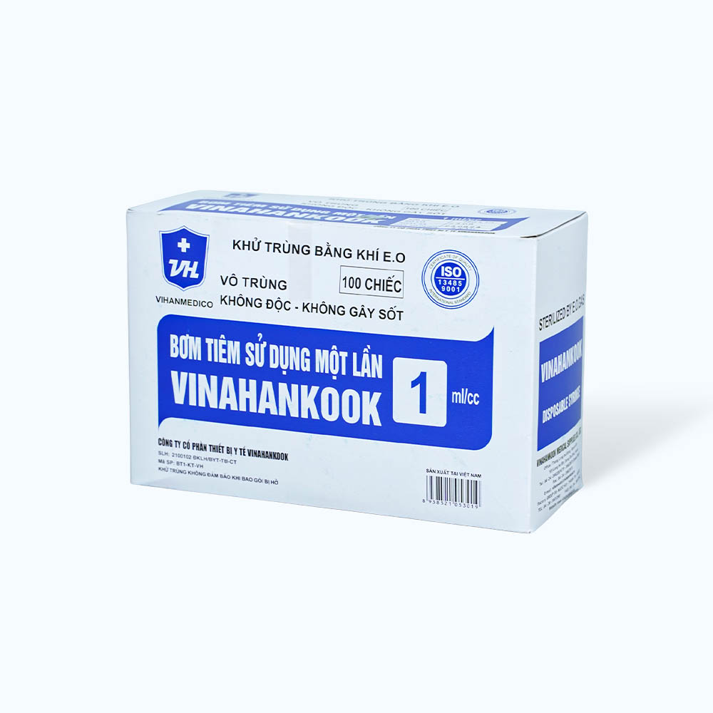 Bơm tiêm sử dụng một lần VINAHANKOOK 1ml/cc được khử trùng bằng khí E.O (hộp 100 cái)