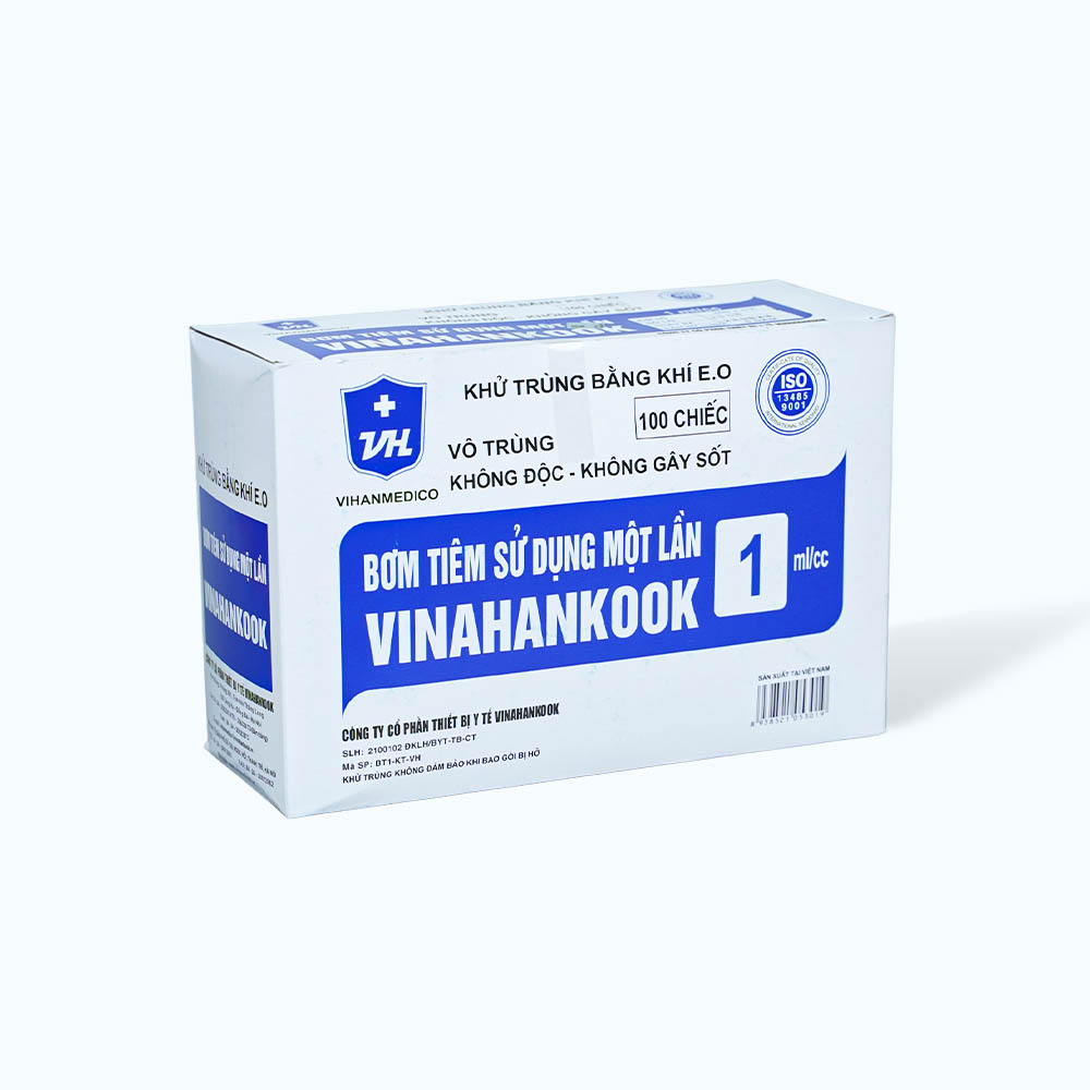 Bơm tiêm sử dụng một lần VINAHANKOOK 1ml/cc được khử trùng bằng khí E.O (hộp 100 cái)