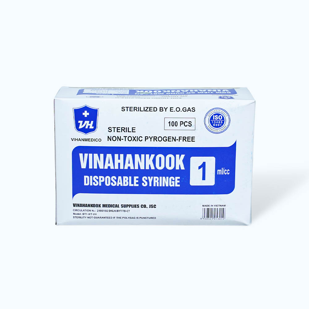 Bơm tiêm sử dụng một lần VINAHANKOOK 1ml/cc được khử trùng bằng khí E.O (hộp 100 cái)