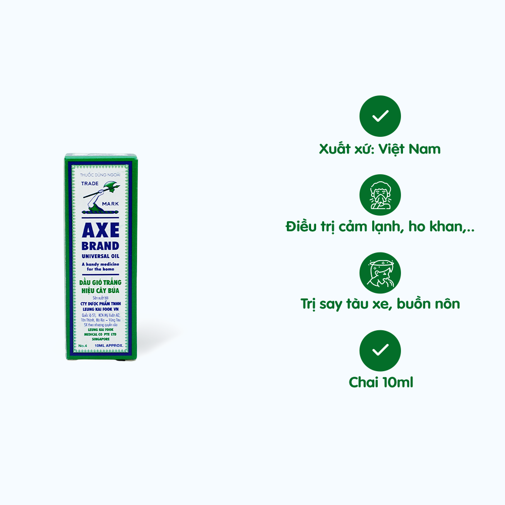 Dầu gió trắng hiệu cây búa Axe Brand trị cảm cúm, sổ mũi, chóng mặt, say tàu xe (chai 10ml)