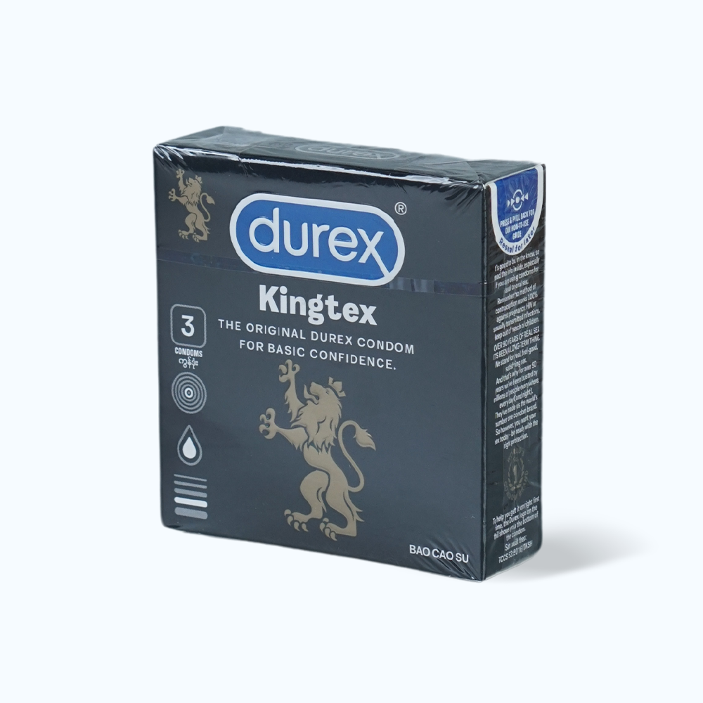 Bao Cao Su DUREX Kingtex với kích thước đường kính 49mm, ôm sát, vừa vặn (hộp 3 cái)