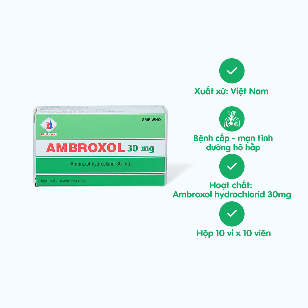 Viên nang Ambroxol 30mg Domesco tiêu nhầy, loãng đàm, giảm ho (10 vỉ x 10 viên)