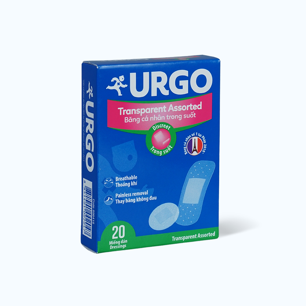 Băng cá nhân trong suốt URGO Transparent Assorted  bảo vệ vết thương nhỏ 4 size (Hộp 20 miếng)