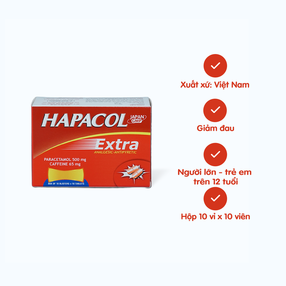 Viên nén Hapacol 500 mg Extra làm giảm đau các cơn đau, hạ sốt (10 vỉ x 10 viên)