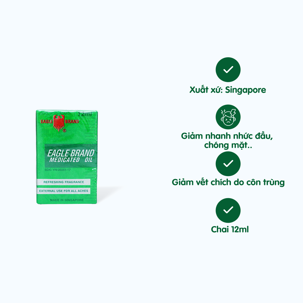 Dầu gió xanh Eagle Brand trị cảm cúm, sổ mũi, nghẹt mũi, chóng mặt, say tàu xe (chai 12ml)