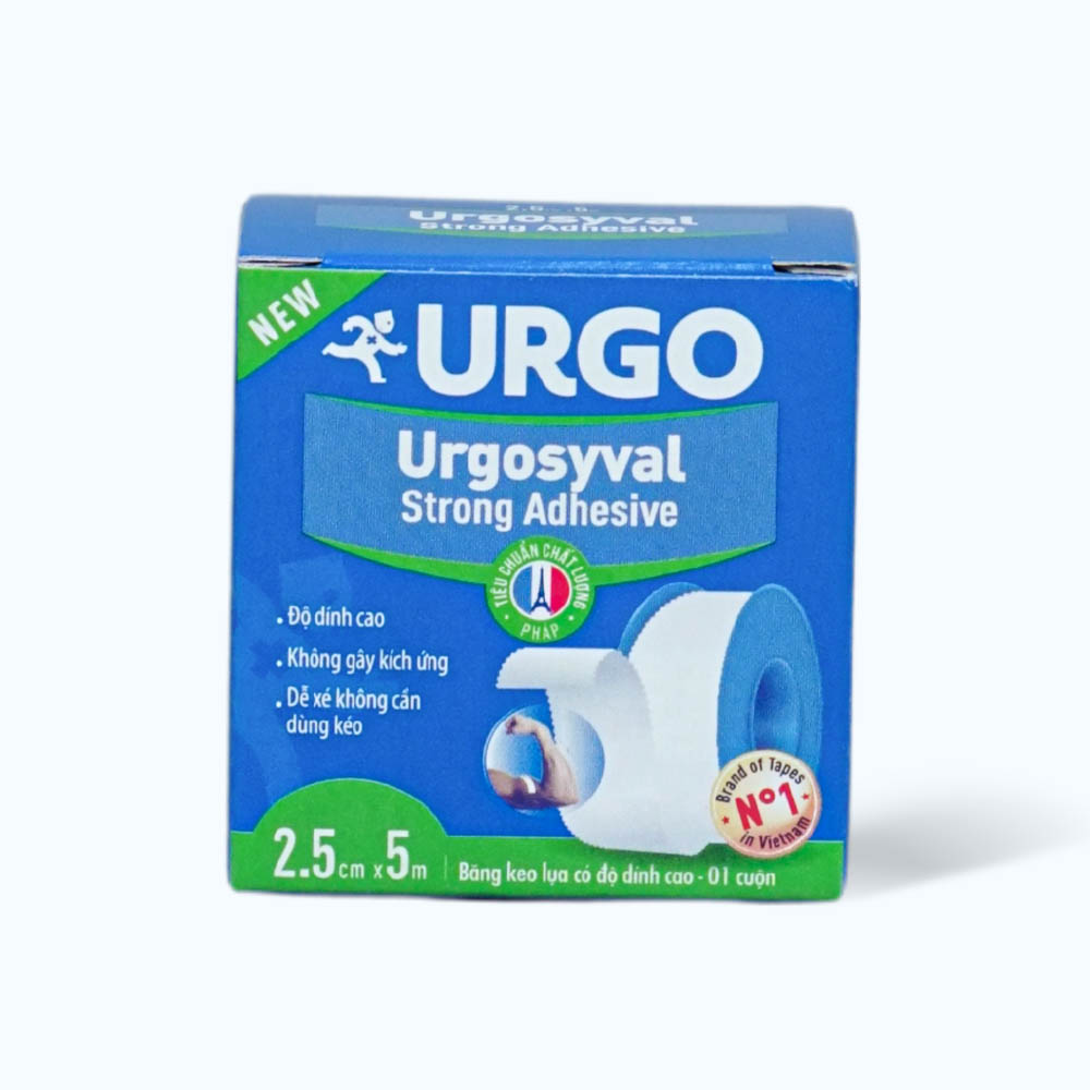 Băng keo y tế lụa có độ dính cao URGO Syval Strong Adhesive dùng cố định băng gạc và các thiết bị y tế 2.5cm x 5m (Hộp 1 Cuộn)