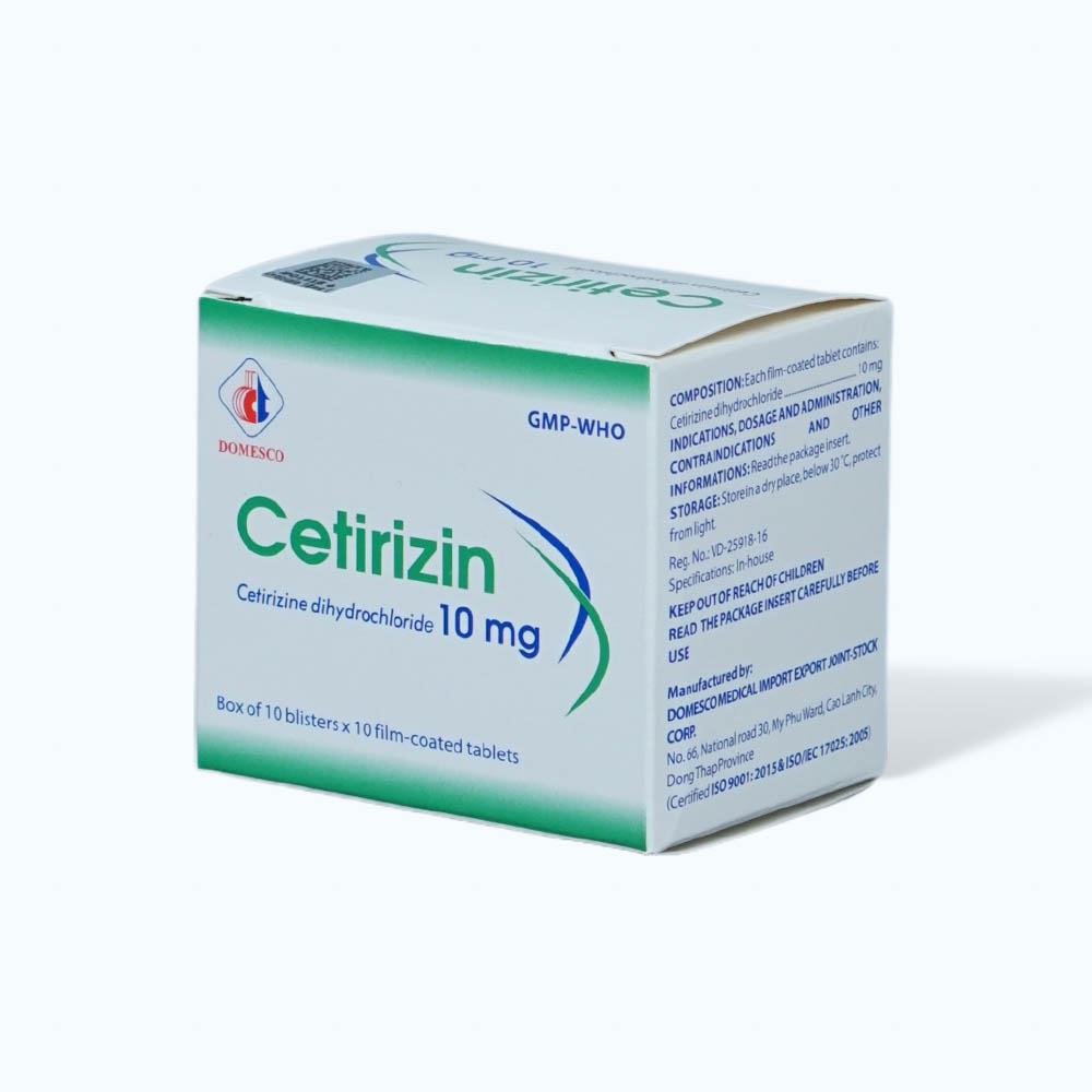 Viên nén Cetirizin 10mg điều trị triệu chứng viêm mũi dị ứng, mày đay (10 vỉ x 10 viên)