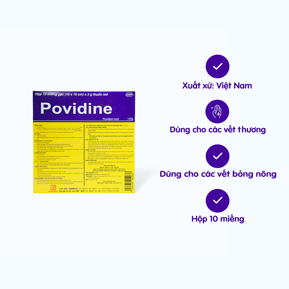 Miếng gạc Povidine 10% sát trùng vết thương, vết bỏng, điều trị 1 số bệnh da (hộp 10 miếng)