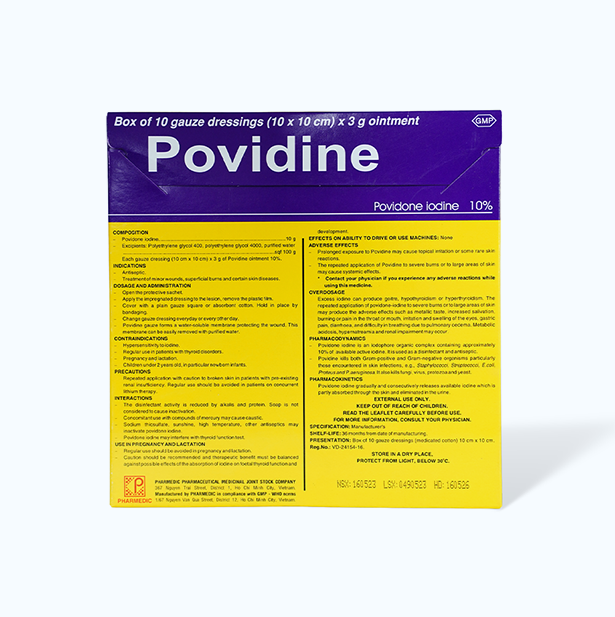 Miếng gạc Povidine 10% sát trùng vết thương, vết bỏng, điều trị 1 số bệnh da (hộp 10 miếng)