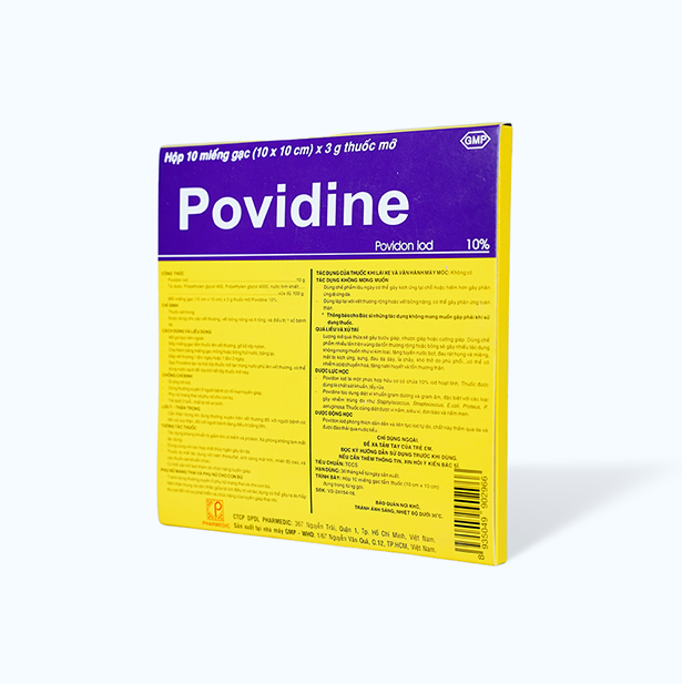 Miếng gạc Povidine 10% sát trùng vết thương, vết bỏng, điều trị 1 số bệnh da (hộp 10 miếng)