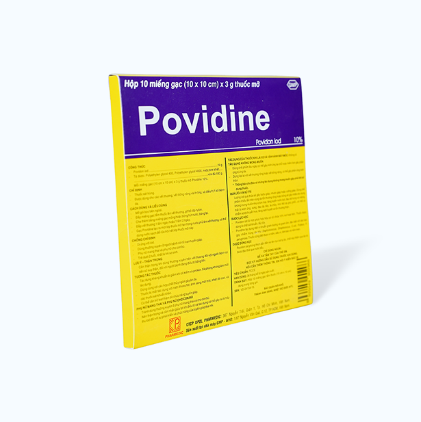 Miếng gạc Povidine 10% sát trùng vết thương, vết bỏng, điều trị 1 số bệnh da (hộp 10 miếng)