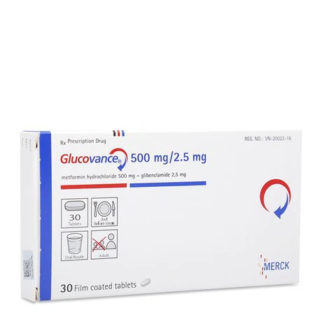 Viên nén Glucovance 500mg/2.5mg điều trị đái tháo đường type 2 (2 vỉ x ...