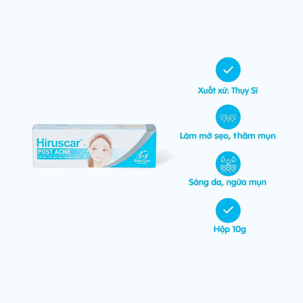 Gel HIRUSCAR Post Acne hỗ trợ làm mờ thâm mụn, sẹo mụn  (Tuýp 10g)