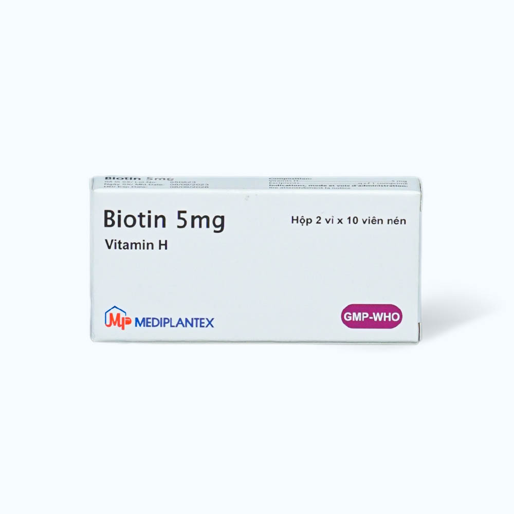 Thuốc Biotin 5mg rụng tóc, viêm da bong, thiếu hụt vitamin H (2 vỉ x 10 viên)