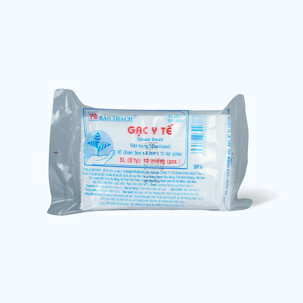 Gạc y tế Bảo Thạch 5cm x 6,5cm x 12 lớp giúp làm sạch vết thương (Gói 10 miếng)