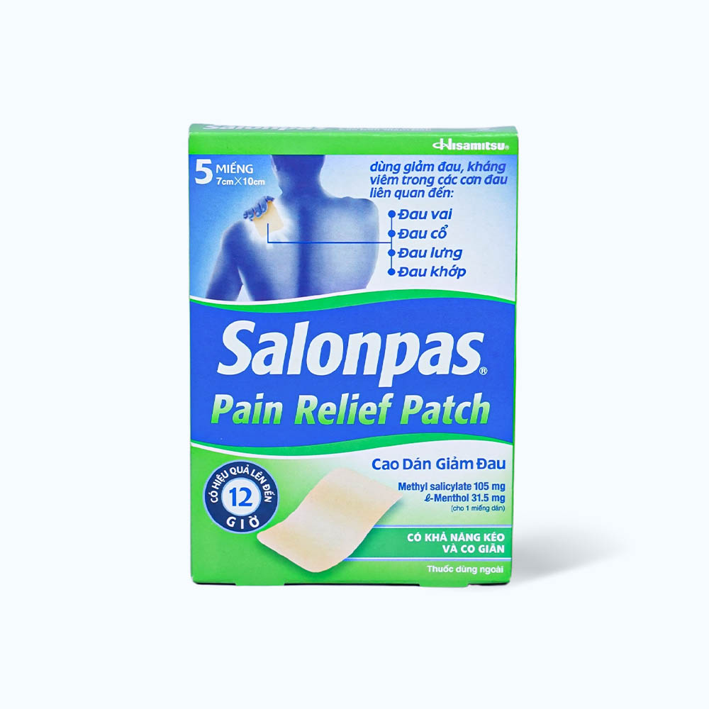 Cao dán Salonpas pain relief patch 7cmx10cm giảm đau vai, đau cổ, đau lưng, đau khớp (hộp 5 miếng)