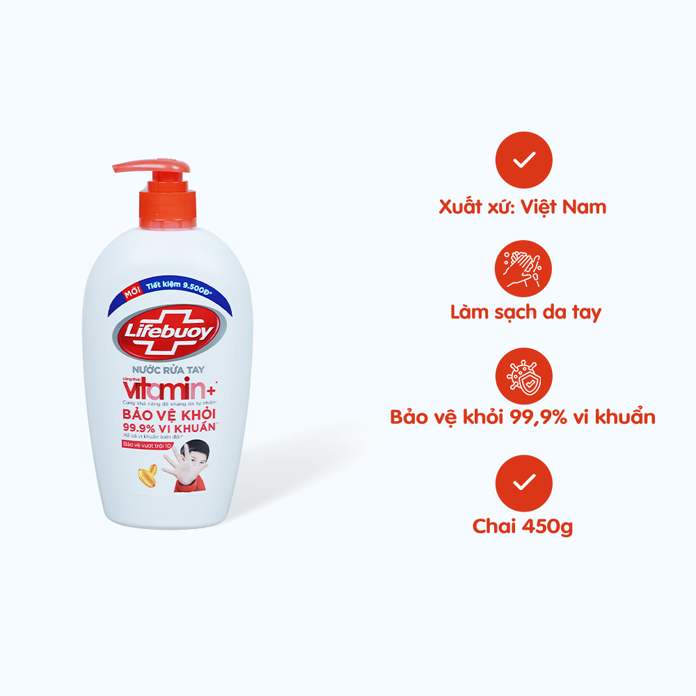 Nước Rửa Tay LIFEBUOY Bảo Vệ Vượt Trội giúp loại bỏ vi khuẩn (chai 450g)